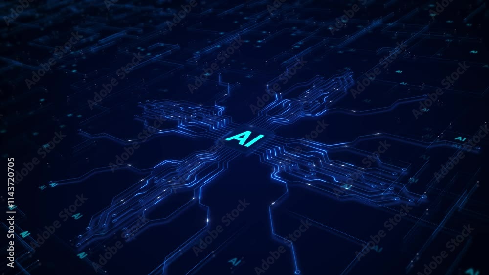 AI Artificial Intelligence Circuit Board AI brain circuit board technological chip. Human brain showing robotic thinking. Concept of neural network circuit board, big data Microchip processor cpu, iot