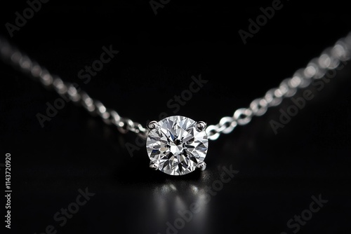 A silver necklace with a brilliant round-cut diamond pendant showcased against a pitch-black background