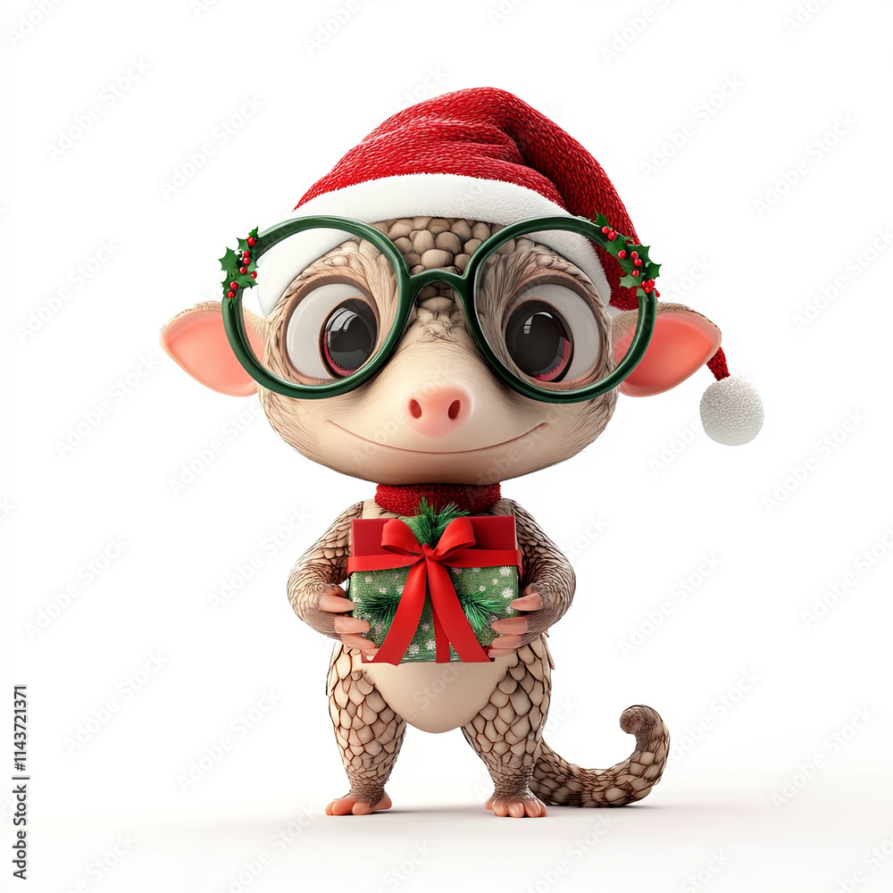 cute animated character wearing glasses and Santa hat, holding gift. Perfect for holiday themes and festive designs