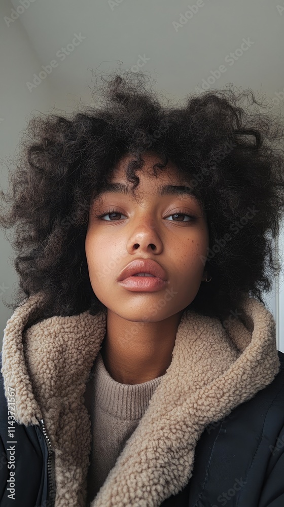 Young stylish woman posing with warm winter clothes and afro hairstyle Young stylish woman posing with warm winter clothes and afro hairstyle