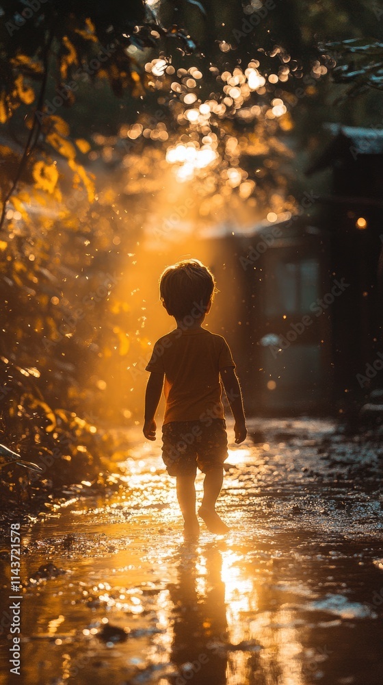 Child walking through golden sunlit pathway