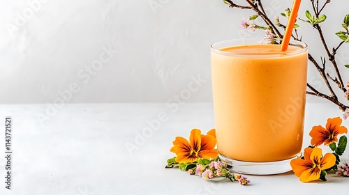 Vegan smoothies in pastel color, Bright Vegan Smoothie with Flowers and Pastel Background