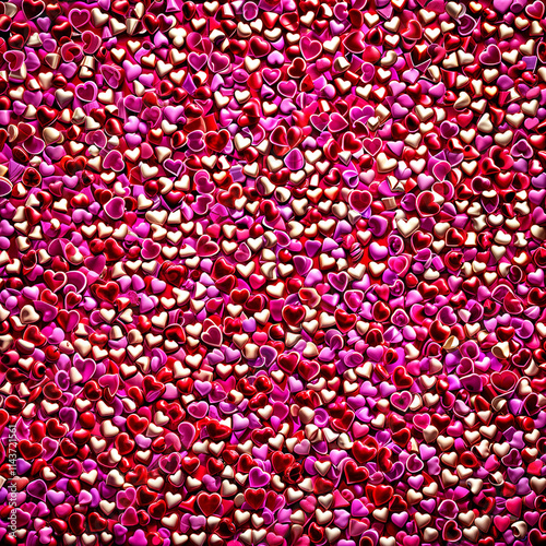 The image is a vibrant and colorful pattern filled with numerous heart shapes in various shades of pink, red, and white. The hearts are densely packed, creating a visually striking and festive backgro