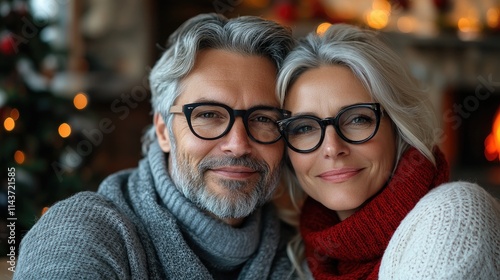 Happy senior couple smiling near christmas tree at home