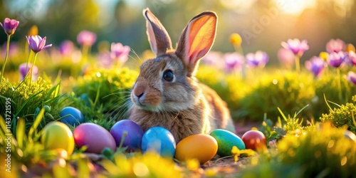 Macro close-up reveals vibrant Easter eggs nestled in a spring meadow, a festive holiday scene. photo