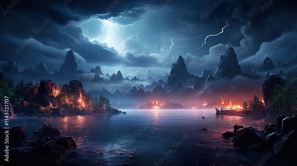 Fototapeta premium Night fantasy dramatic seascape, thunderstorm and lightning on the night sea. 