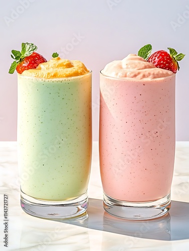 Vegan smoothies in pastel color, Two Pastel Vegan Smoothies in Tall Glasses