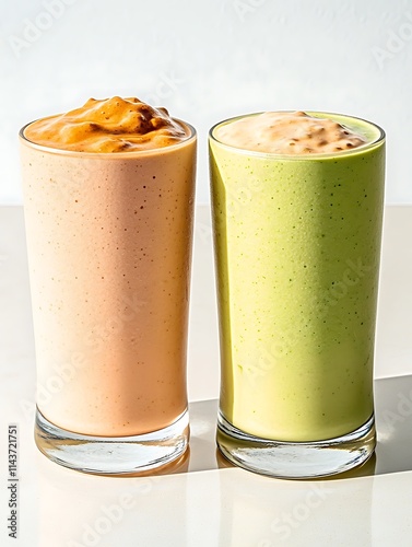 Vegan smoothies in pastel color, Two Realistic Pastel Vegan Smoothies in Glasses