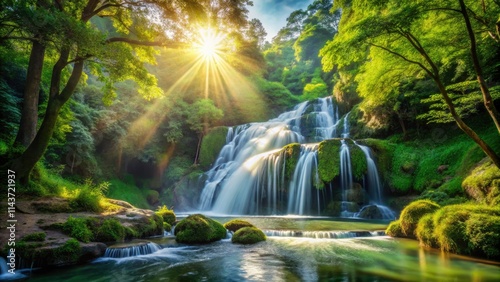 Majestic waterfall timelapse: peaceful park, flowing river, cascading water, nature's serene beauty captured.