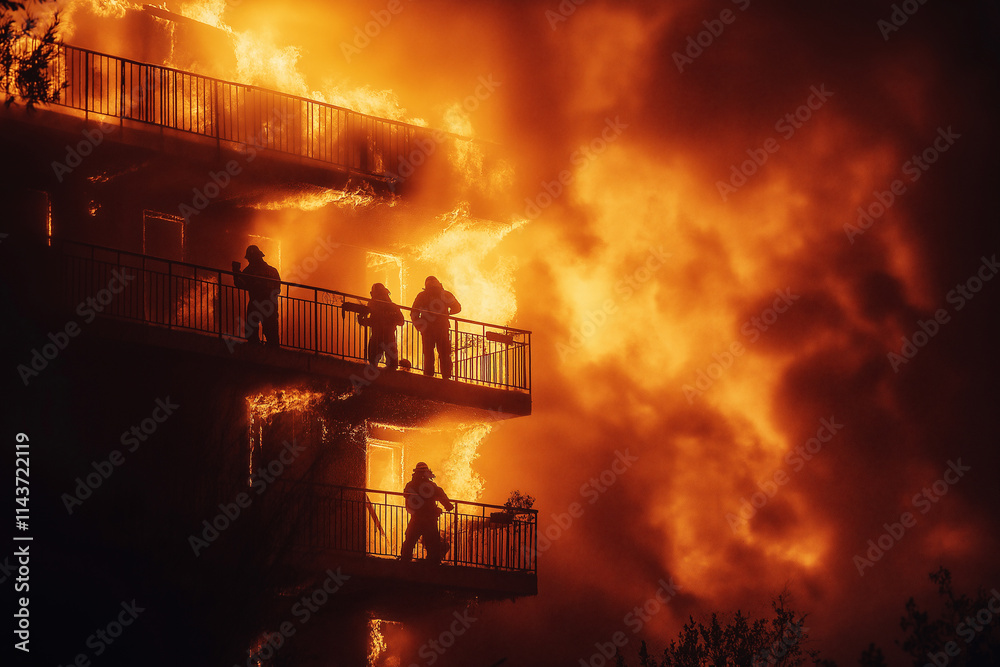 Brave firefighters saving a family from a raging inferno at dusk. Brave firefighters saving a family from a raging inferno at dusk.