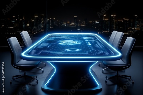 Holographic Meeting Table With Neon Highlights and Data Display. Futuristic Business Space With Modern Chairs and Urban Night View. Innovative and Sleek Design. AI generated