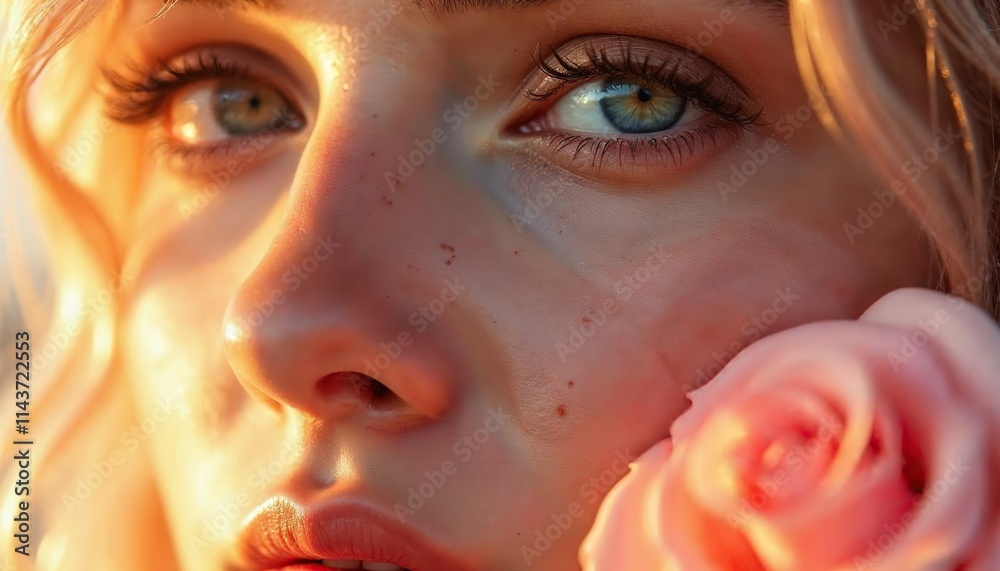 Golden Hour Beauty: Close-up portrait of a young woman with freckles, her face softly illuminated by warm sunlight, a delicate pink rose nestled against her cheek. Golden Hour Beauty: Close-up portrait of a young woman with freckles, her face softly illuminated by warm sunlight, a delicate pink rose nestled against her cheek.