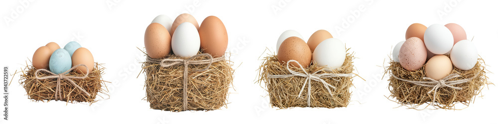 Assorted Fresh Organic Eggs Nestled in Rustic Hay Bundles on Countryside Farmland Assorted Fresh Organic Eggs Nestled in Rustic Hay Bundles on Countryside Farmland