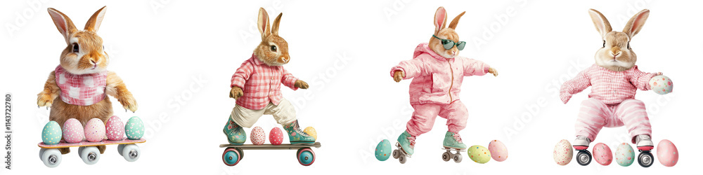 Adorable Bunny Rabbits Dressed in Pastel Outfits Riding Colorful Roller Skates on Wooden Background Adorable Bunny Rabbits Dressed in Pastel Outfits Riding Colorful Roller Skates on Wooden Background