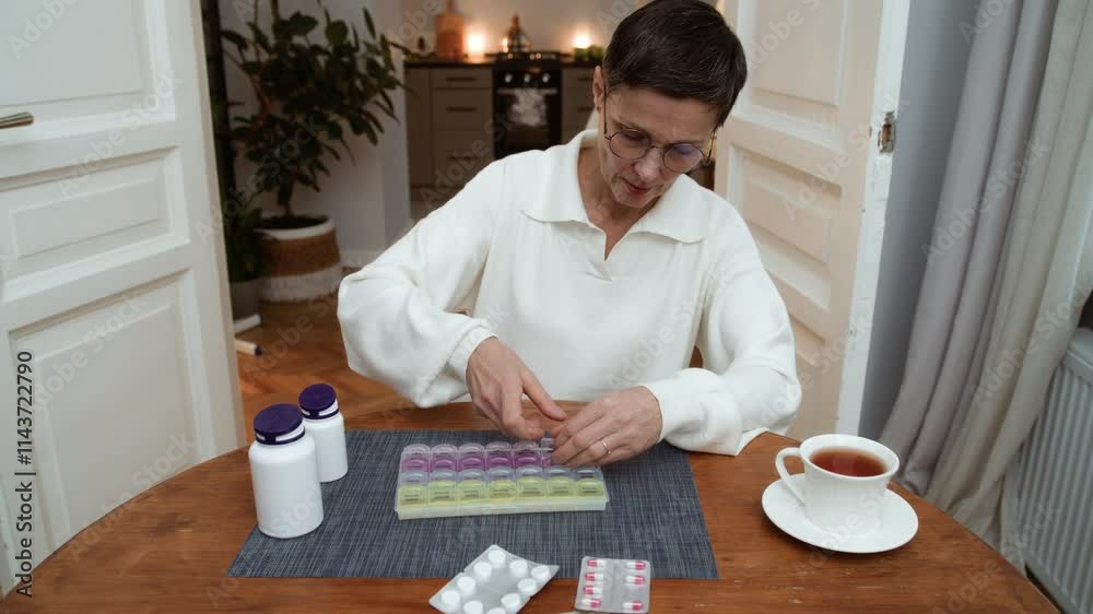 Senior elegant woman sorting pillbox at table. Aged woman putting vitamins in pills organizer. Older organized woman doing health care and therapy. Female elegant retired using medicine container Senior elegant woman sorting pillbox at table. Aged woman putting vitamins in pills organizer. Older organized woman doing health care and therapy. Female elegant retired using medicine container
