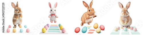 Adorable Easter Bunnies with Colorful Eggs in Springtime Meadow