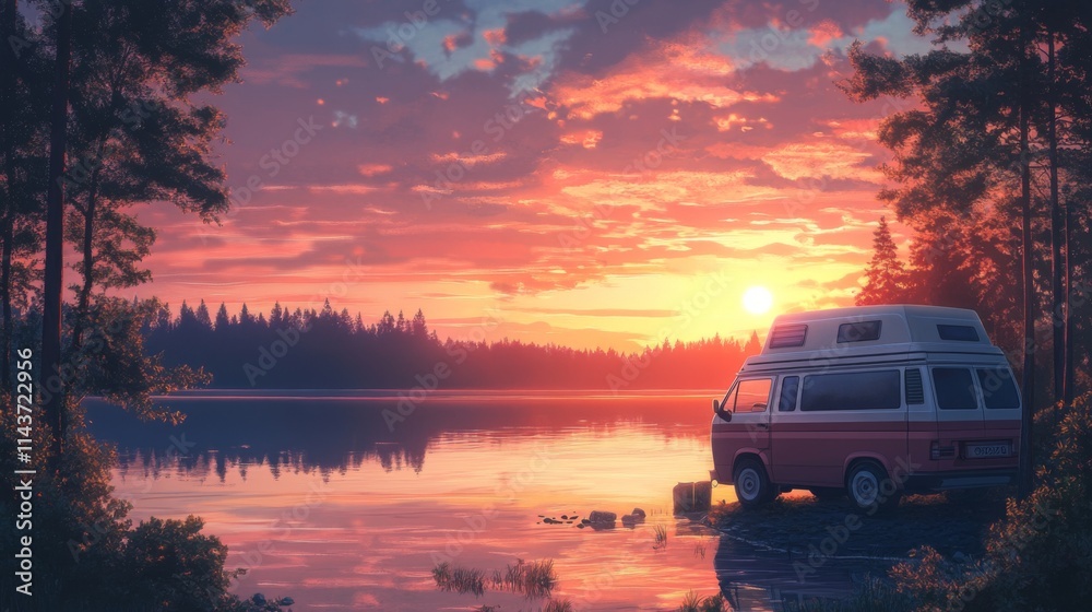 Camper van parked by a lake at sunset. Camper van parked by a lake at sunset.