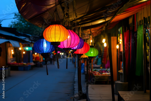 Colorful lanterns hanging under a canopy, lighting up a bustling night market street with a warm and inviting atmosphere photo