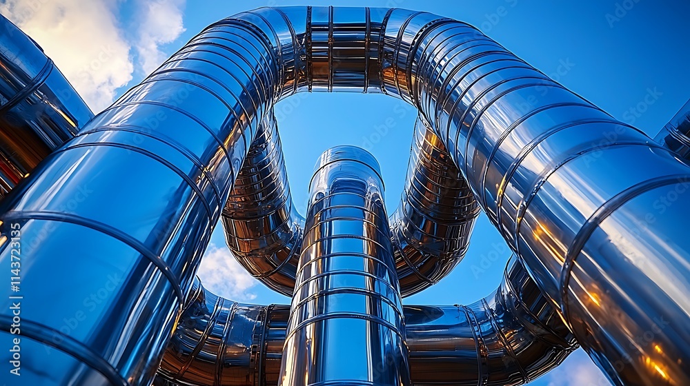 Large Shiny Metal Pipes Against Blue Sky Large Shiny Metal Pipes Against Blue Sky