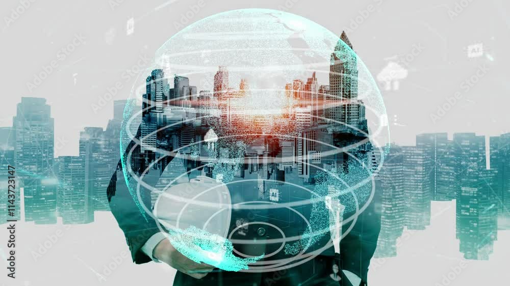 Future building construction and inventive engineering project concept with HUD hologram graphic design. Building engineer, architect people or construction worker works with modern civil technology.
