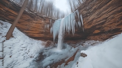 Frozen waterfall cascading down icy cliff face in snowy winter forest. photo