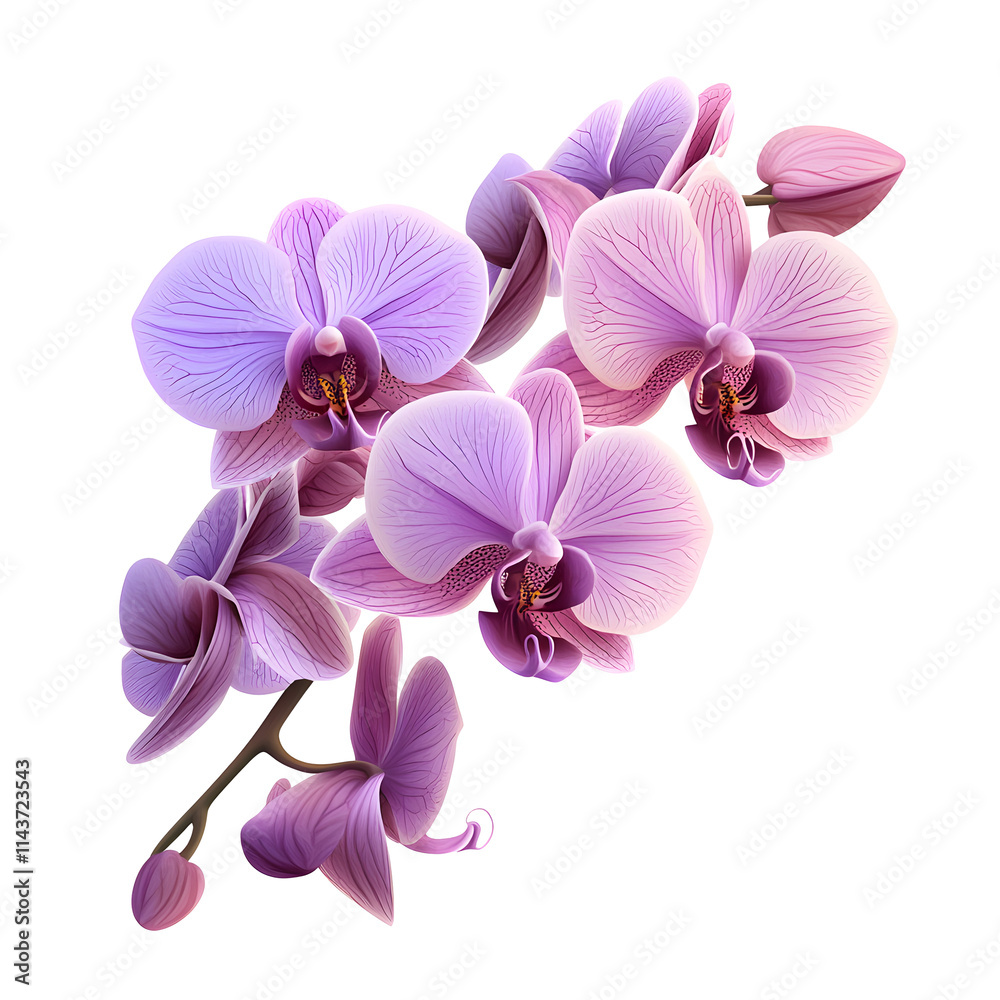 Purple Orchids Bloom, Isolated on White Background, Vibrant, Detailed, Botanical Illustration Purple Orchids Bloom, Isolated on White Background, Vibrant, Detailed, Botanical Illustration