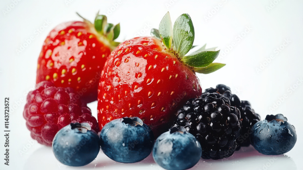 Fresh red strawberries and purple blueberries on a white background Fresh red strawberries and purple blueberries on a white background