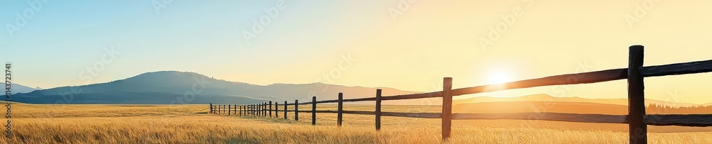A glowing sunset over a tranquil countryside field with a wooden fence A glowing sunset over a tranquil countryside field with a wooden fence