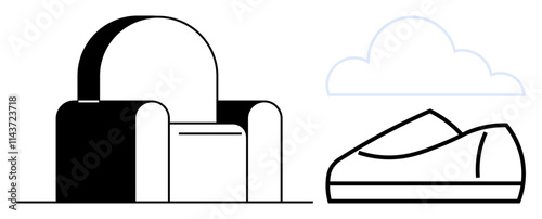 Armchair and bean bag under cloud outline. Ideal for home decor, furniture catalogs, interior design, relaxation spaces, living room setups, modern homes, design inspiration. Line metaphor