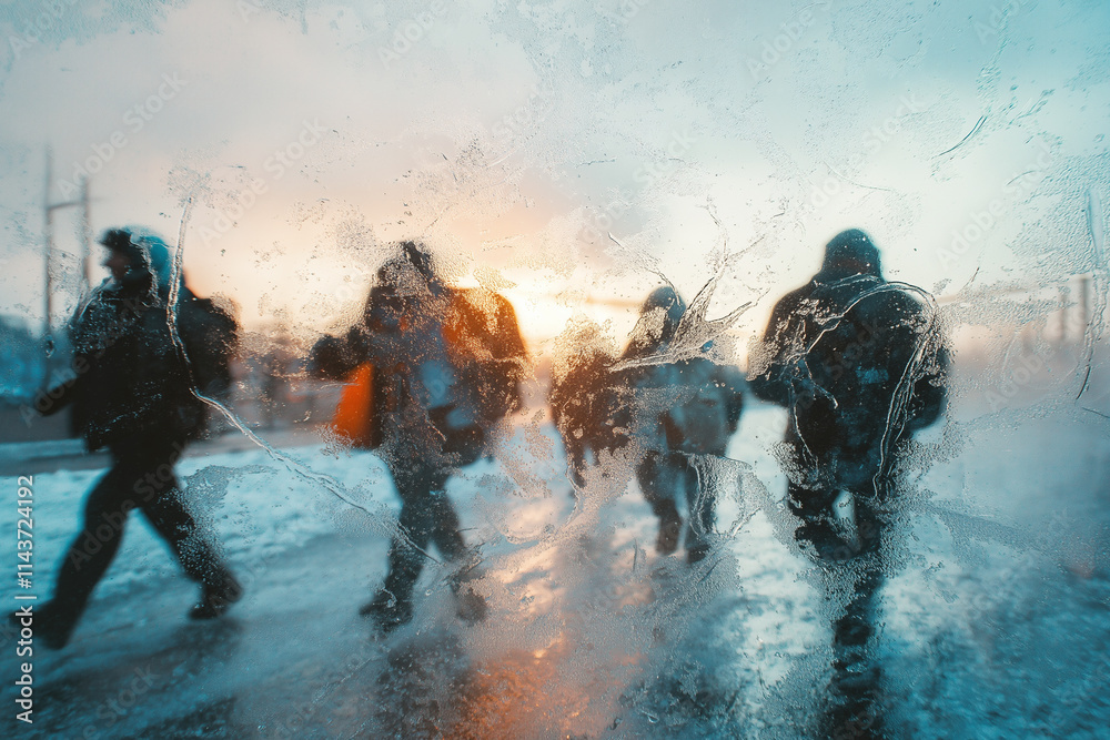 Fototapeta premium Escaping winter grip as icy tendrils creep along a busy highway. Generative AI