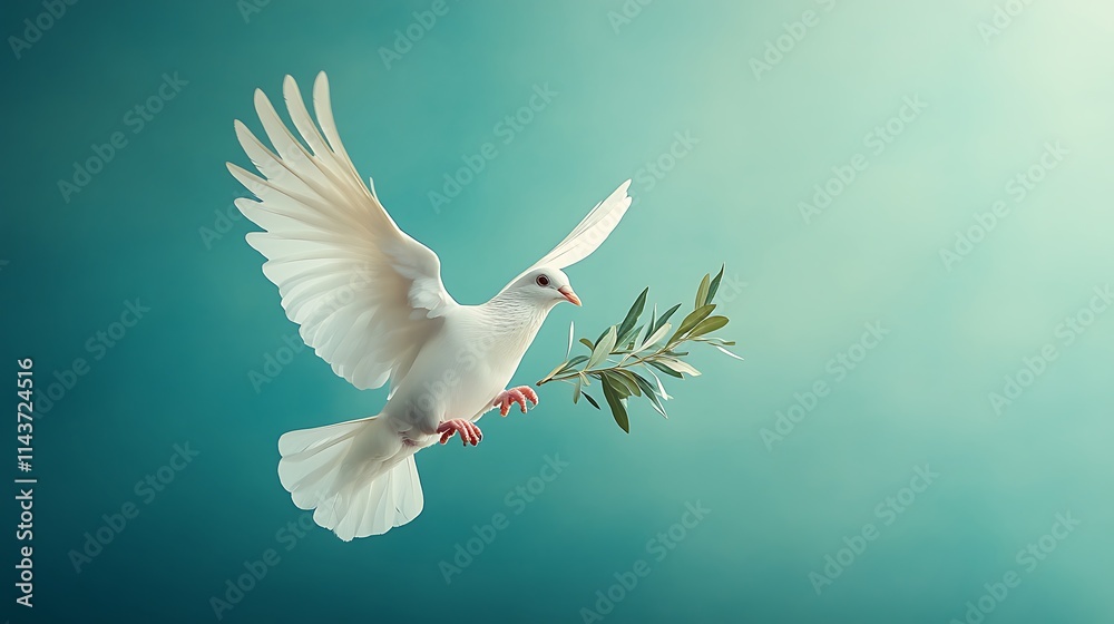 Dove carrying olive branch studio setting peaceful conceptual art