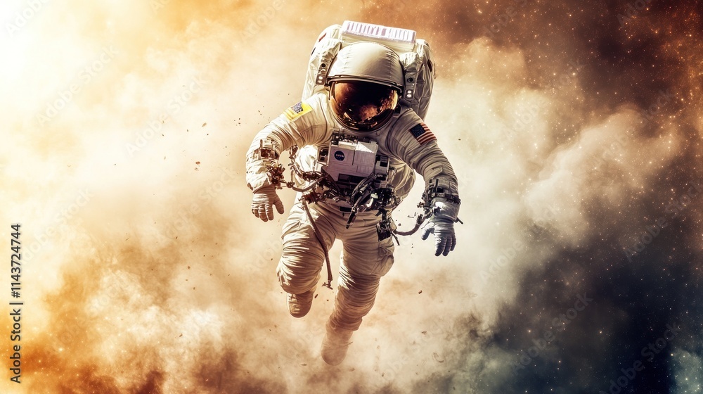 Fototapeta premium Astronaut floats in outer space through cosmic dust and stars.