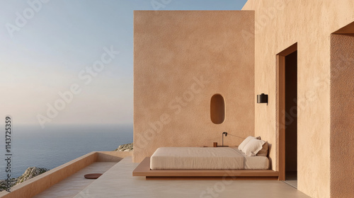 A serene outdoor bedroom with minimalist design, featuring bed on terrace overlooking ocean. warm, earthy tones of walls create calming atmosphere, perfect for relaxation