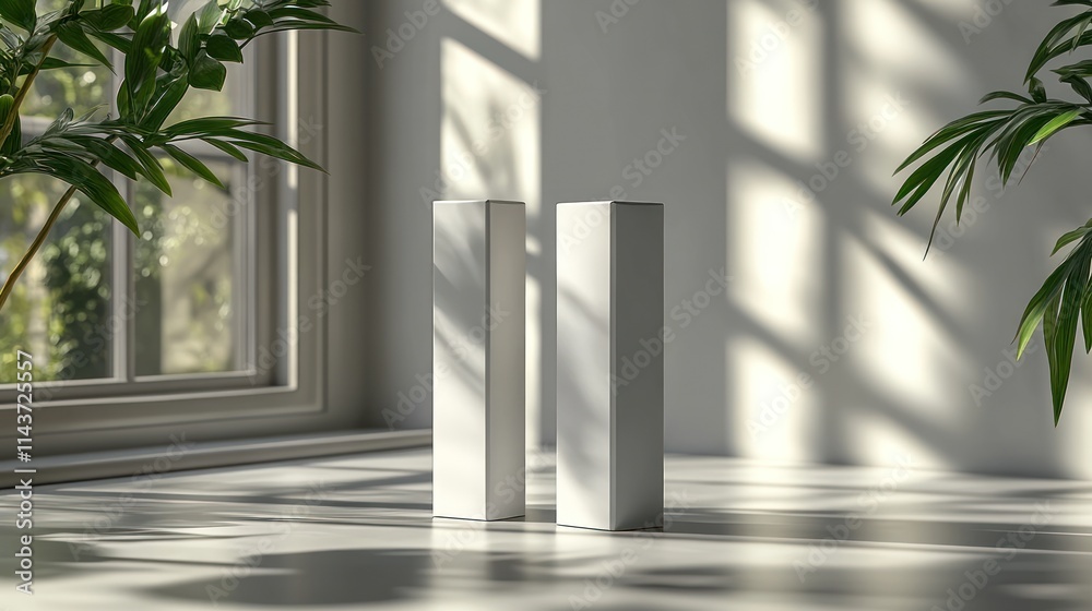 Two minimalist white blocks casting shadows in a bright, plant-filled interior. Two minimalist white blocks casting shadows in a bright, plant-filled interior.