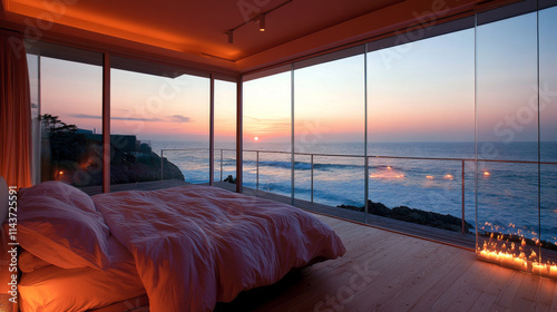 A serene bedroom with stunning ocean view at sunset, featuring large glass windows that frame vibrant colors of sky and waves. warm ambiance is enhanced by soft lighting and cozy bed