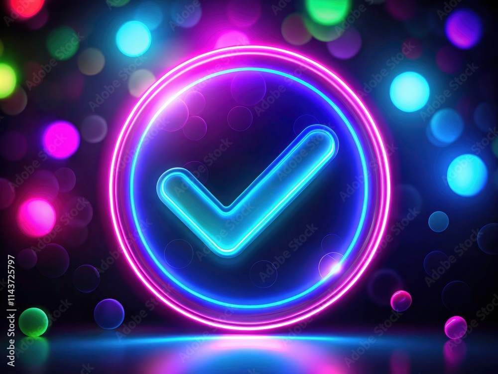 A looping neon checkmark shines, bokeh's soft glow enhancing its digital, successful abstract form. A looping neon checkmark shines, bokeh's soft glow enhancing its digital, successful abstract form.