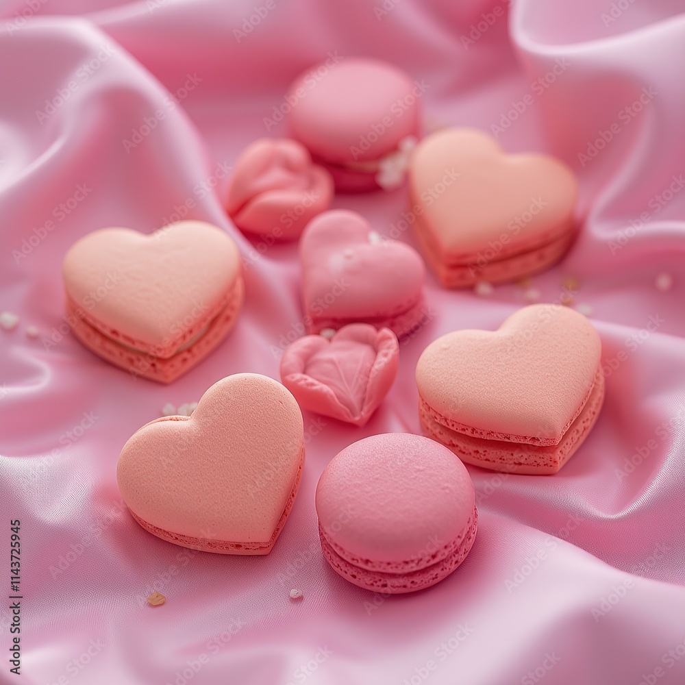 Heart-shaped pink macarons on soft pink fabric. Heart-shaped pink macarons on soft pink fabric.