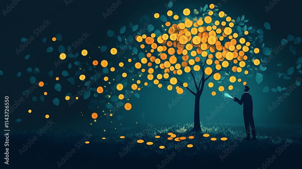 Illuminating a tree of golden coins magic in the enchanted woods Illuminating a tree of golden coins magic in the enchanted woods