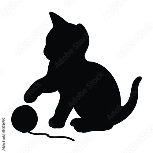 Kitten with a yarn ball black silhouette illustration