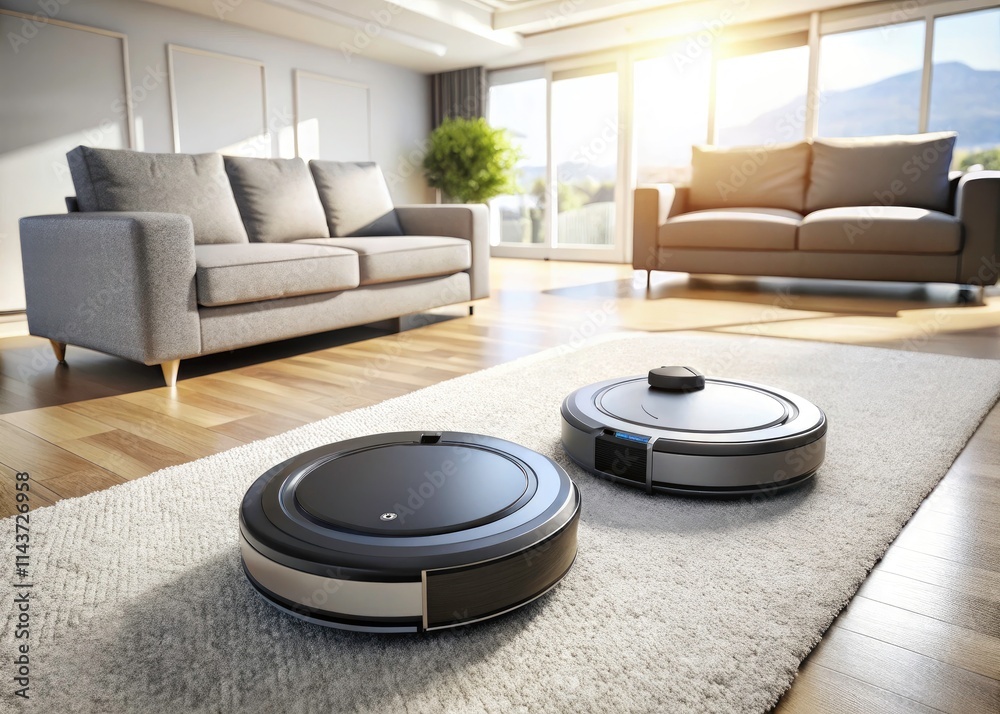 Black robot vacuum cleaner, viewed from above. Smart home technology for effortless floor cleaning. Black robot vacuum cleaner, viewed from above. Smart home technology for effortless floor cleaning.