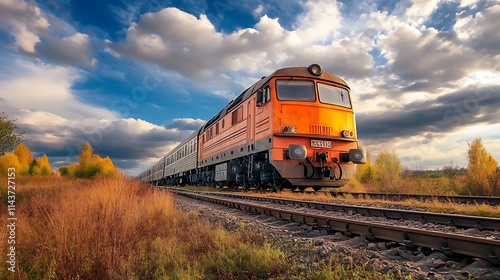 Orange Train on Railroad Tracks at Sunset. Concept of Travel, Transportation, and Journey.