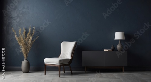 Modern minimalist interior design featuring a chair and sideboard photo