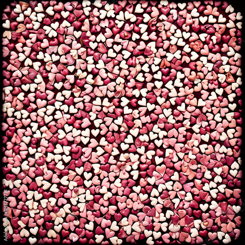 The image features a dense, vibrant pattern of small hearts in shades of pink and red, creating a visually appealing and romantic background.