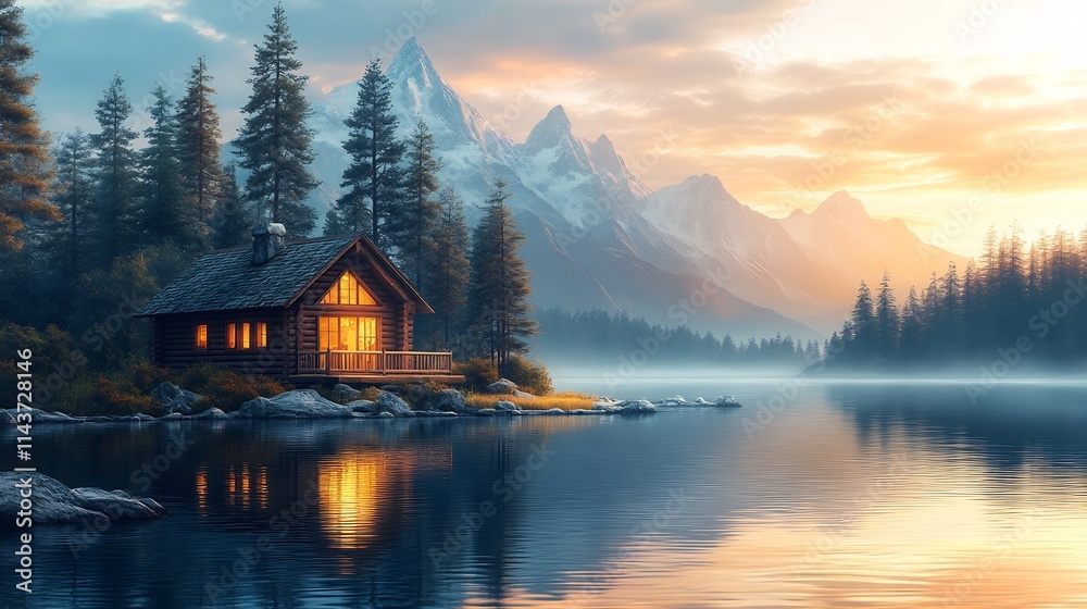 Fototapeta premium Charming vector illustration of a cozy cabin by a lake perfect for travel and outdoor adventure branding