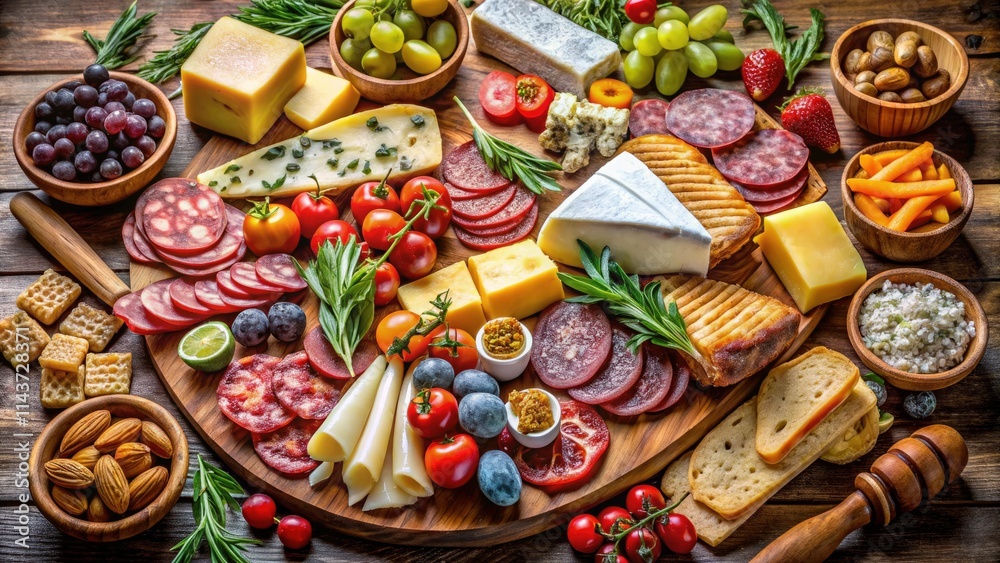 Colorful cheeses and cured meats create a delectable culinary platter, beautifully photographed. Colorful cheeses and cured meats create a delectable culinary platter, beautifully photographed.