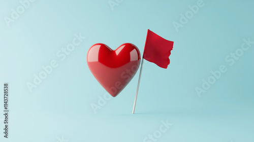 Heartfelt Message: A vibrant red heart and a small red flag stand together against a serene light-blue background, symbolizing a passionate declaration or a heartfelt message of love and support.  