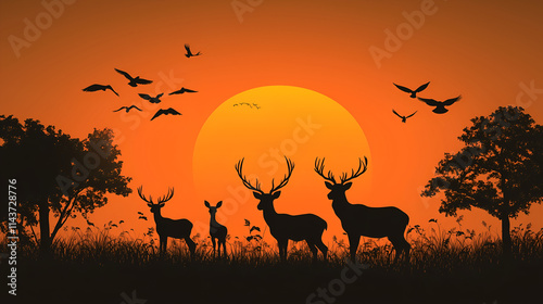  illustration of deer silhouettes in front of the sun