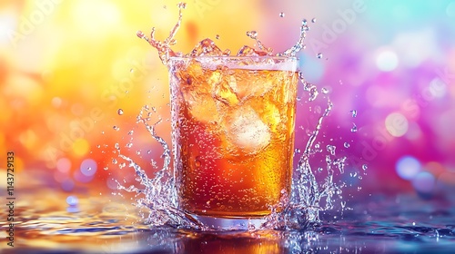 Refreshing drink splashing in glass colorful background beverage