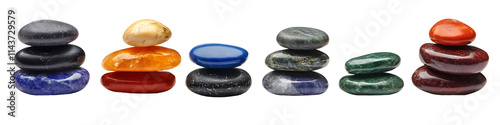 Stack of colorful stones isolated on white background, zen stones collection, relaxing spa rocks, smooth pebbles, tranquil scene, nature elements, wellness imagery, spiritual symbo