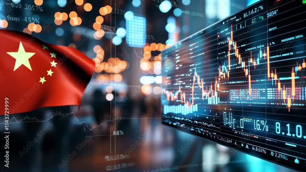 China national flag flying with digital stock market graph on screen , business and investment concept 